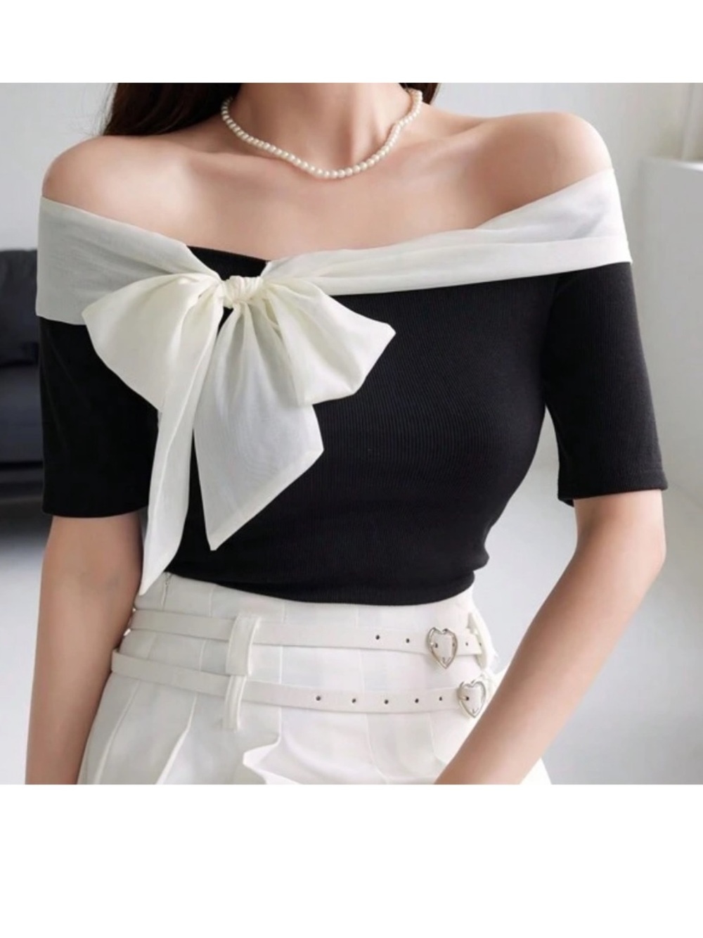 Black Top with Cream Scarf Accent - Women's Stylish Wrap